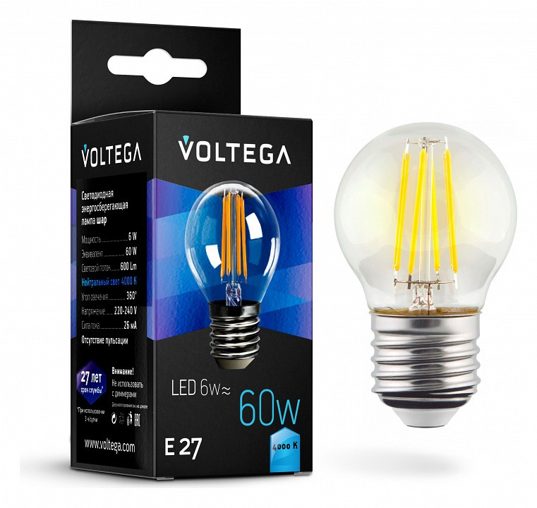 Лампа светодиодная Voltega Crystal E27 6Вт 4000K VG10-G1E27cold6W-F