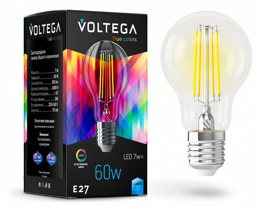 Лампа светодиодная Voltega True colors E27 7Вт 4000K VG10-A60E27cold7W-FHR