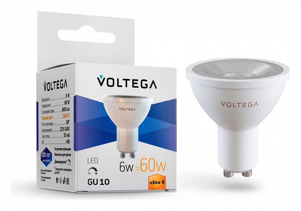 Лампа светодиодная Voltega Simple GU10 6Вт 2800K VG2-S1GU10warm6W-D